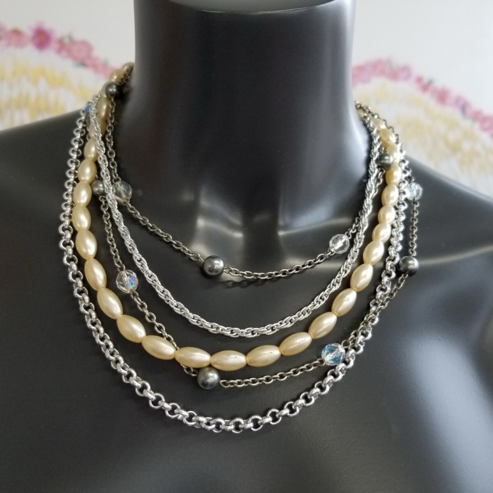 Sabika Elegant Silver and Pearl Multi-Layer Necklace